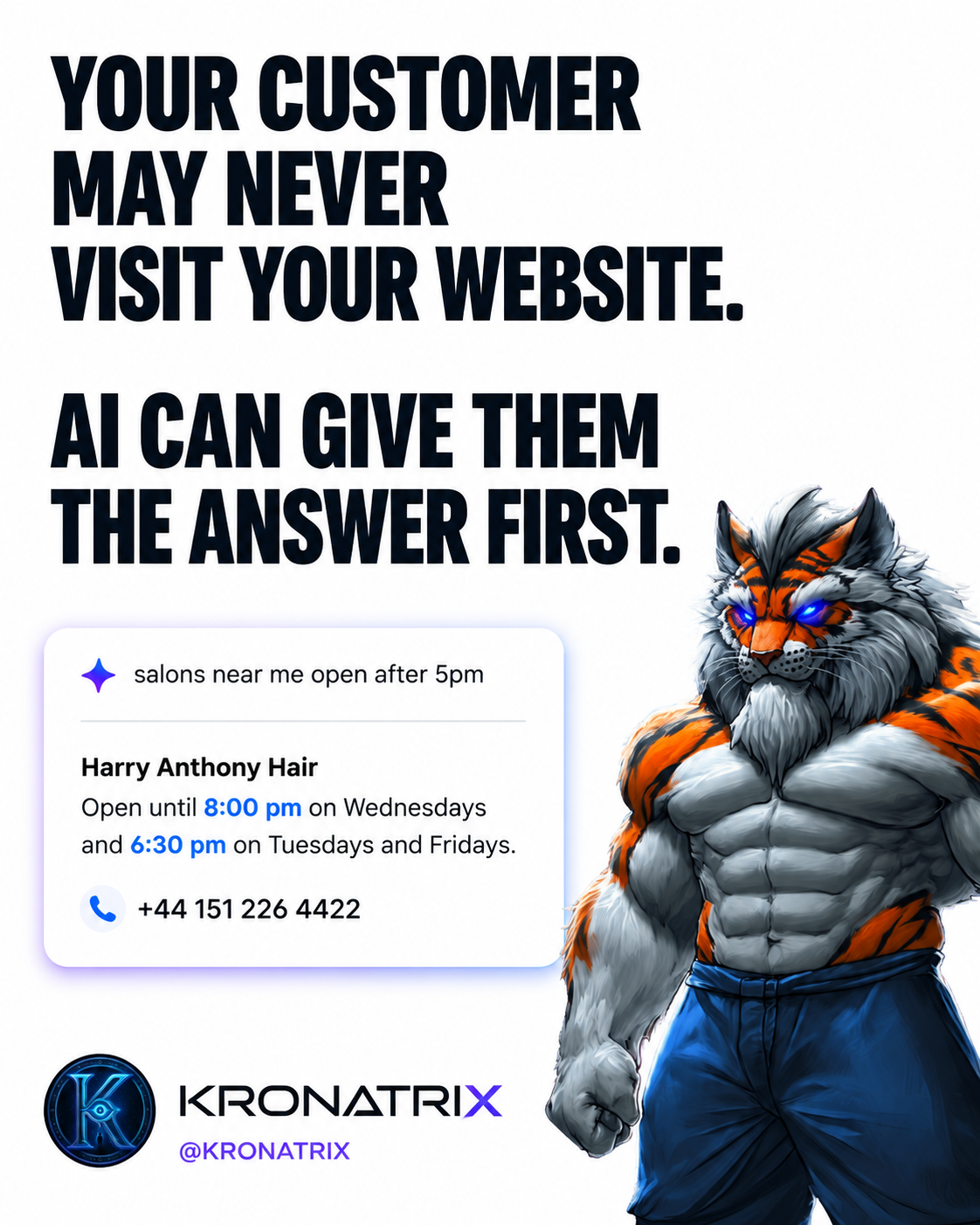 KRONATRIX AI search graphic showing a local business answer presented before the customer visits the website.