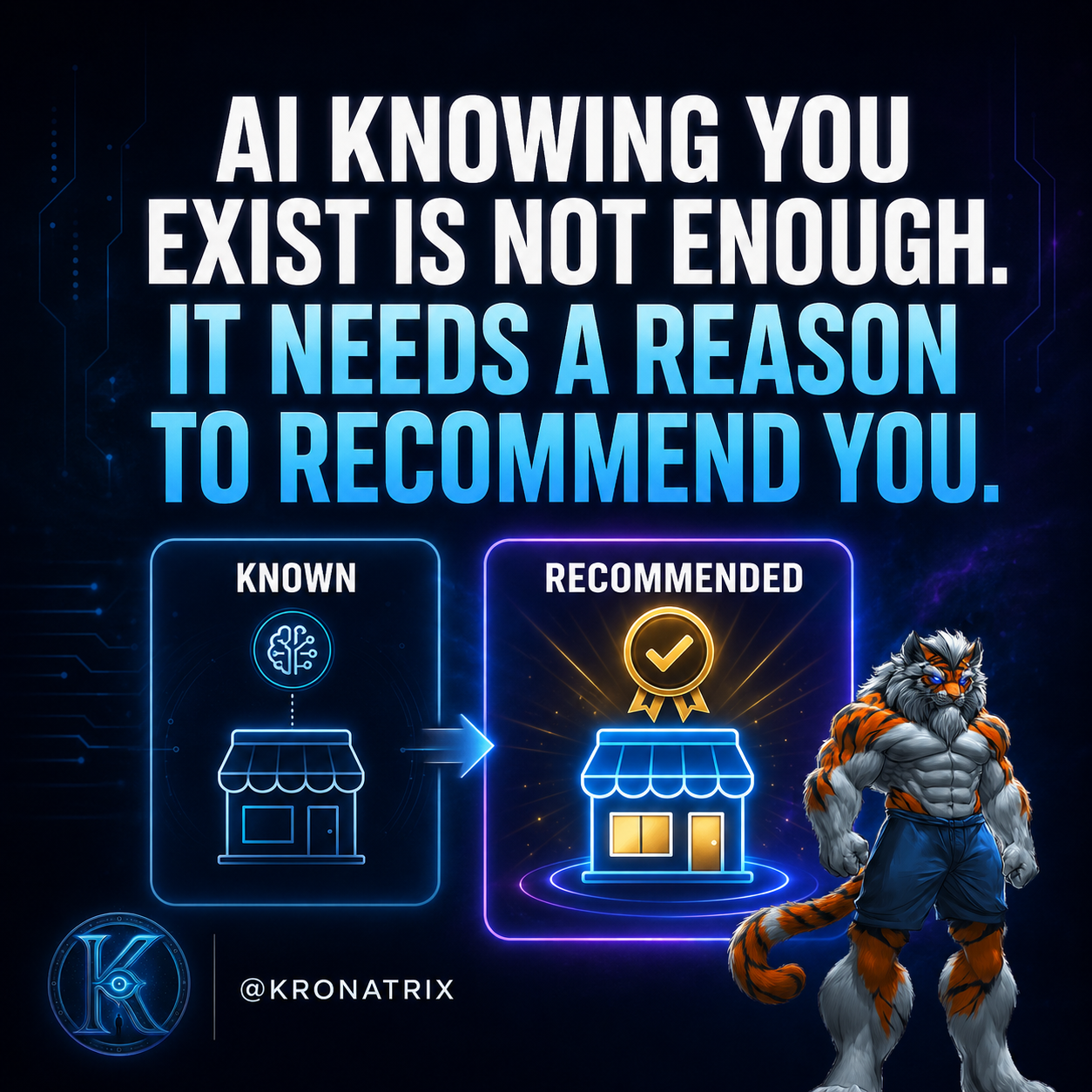 KRONATRIX graphic stating that AI knowing a business exists is not enough and that it needs a reason to recommend it.