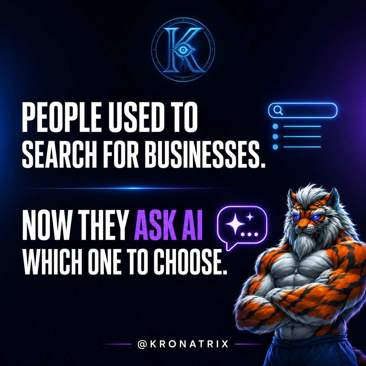 KRONATRIX graphic showing the shift from searching for businesses to asking AI which business to choose.