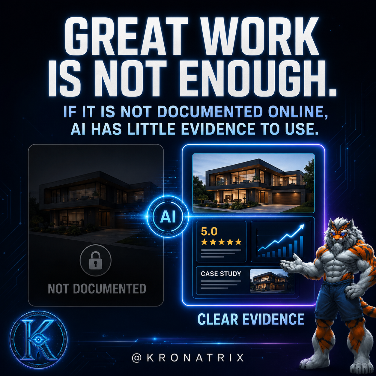 KRONATRIX graphic explaining that excellent work not documented online gives AI little evidence to use.