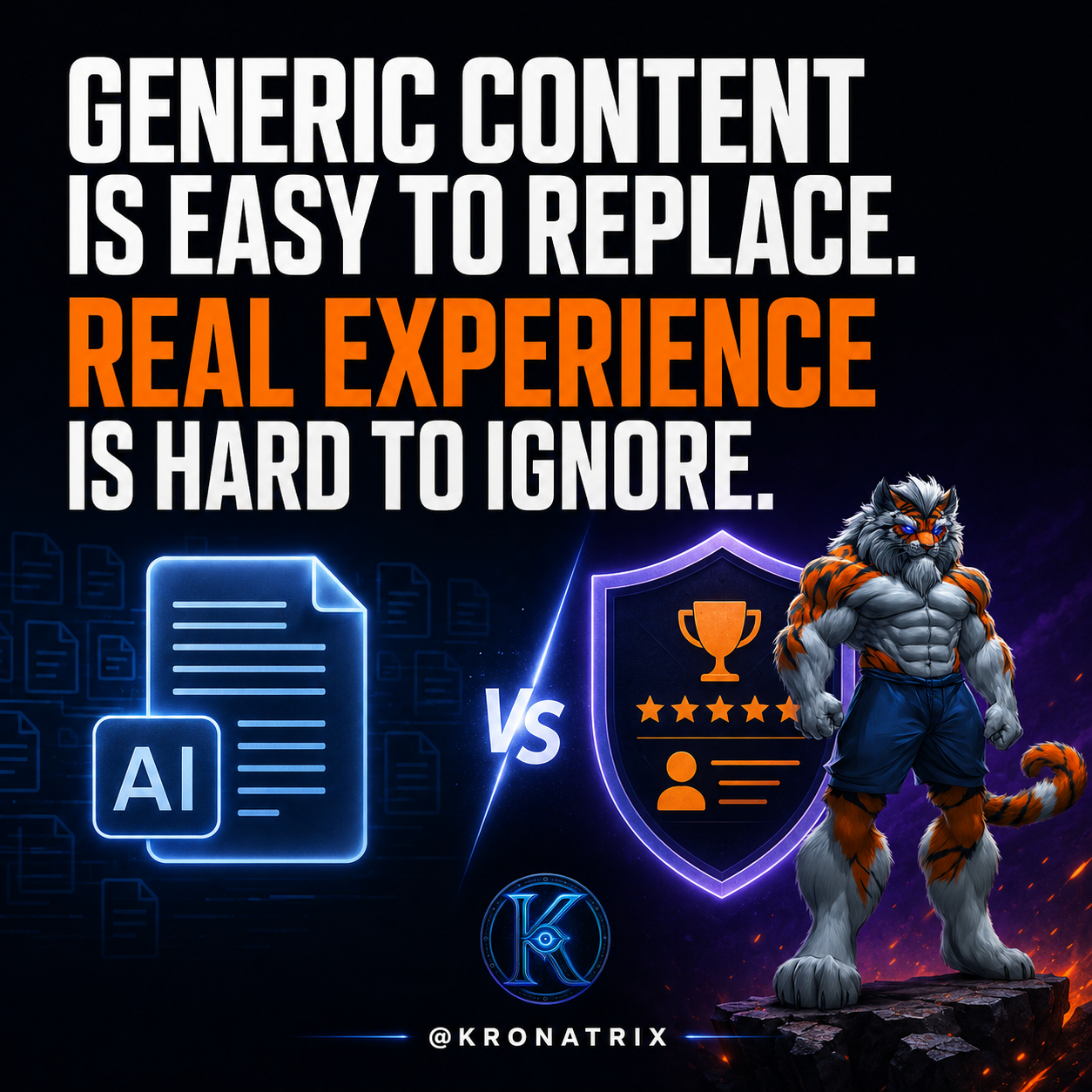 KRONATRIX AI graphic comparing replaceable generic content with valuable real business experience.