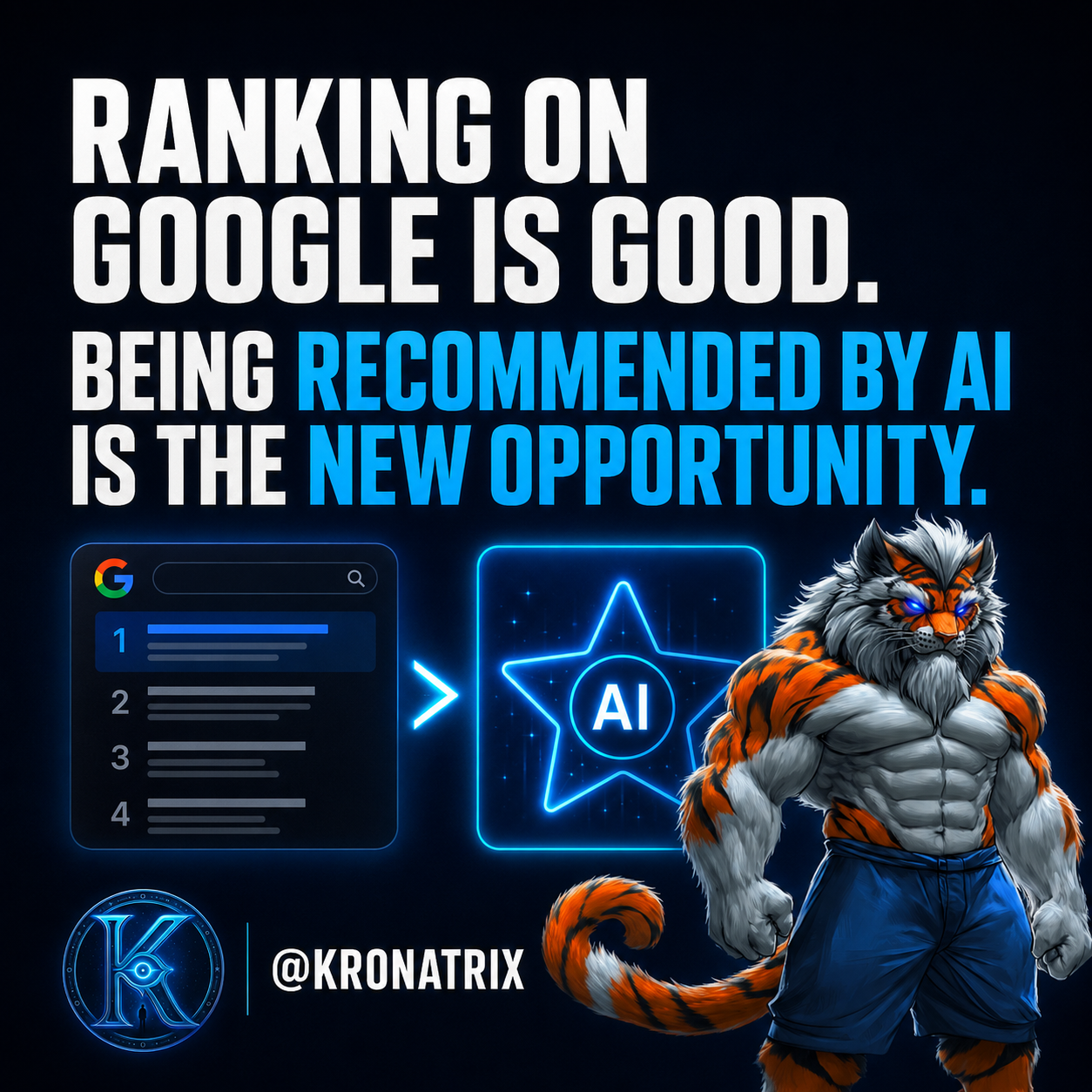 KRONATRIX AI graphic contrasting ranking on Google with being recommended directly by AI.