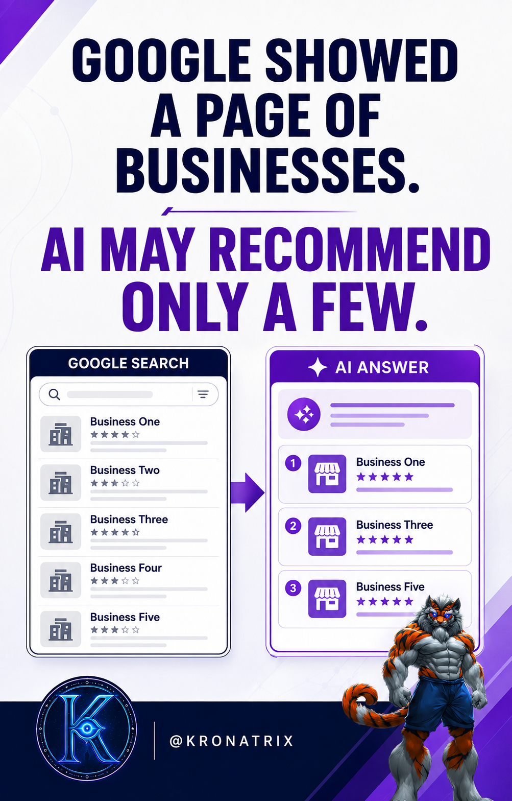 KRONATRIX AI marketing graphic comparing a traditional page of Google business results with an AI answer that recommends selected businesses.