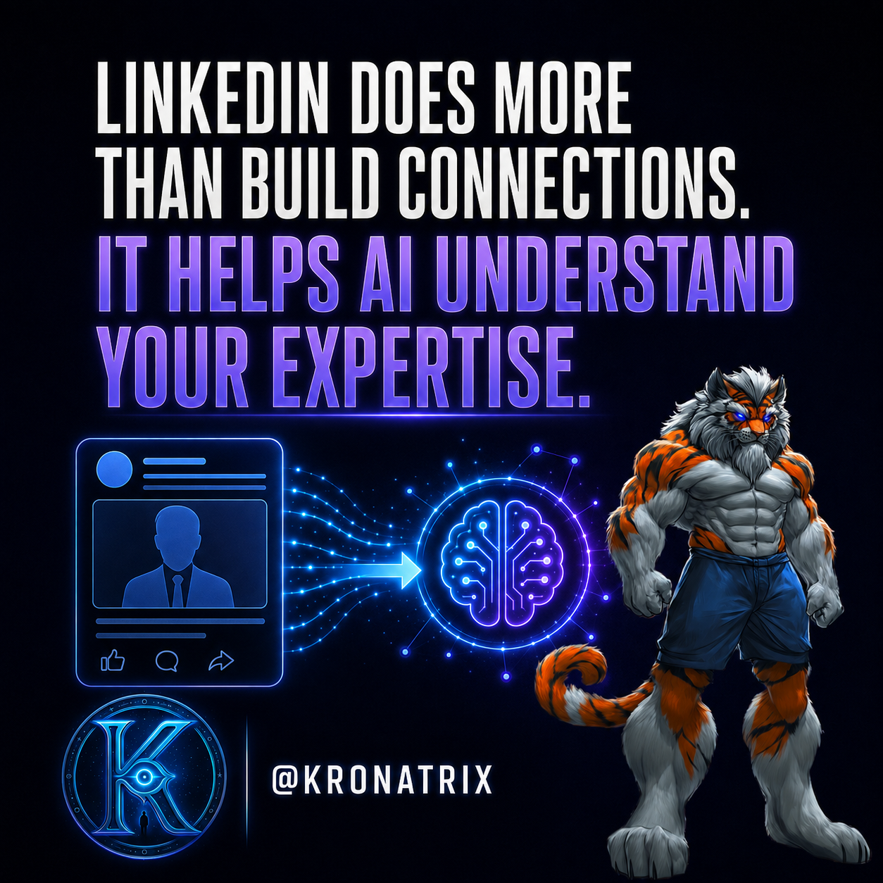 KRONATRIX LinkedIn graphic explaining that LinkedIn posts help AI understand professional expertise.