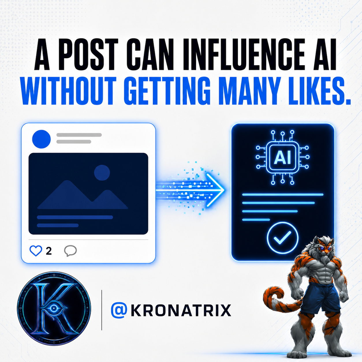 KRONATRIX social media graphic explaining that a useful post can influence AI even without many likes.