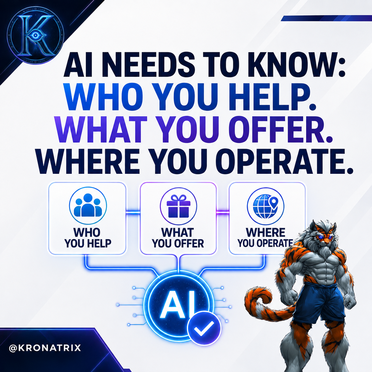 KRONATRIX AI graphic listing who a business helps, what it offers and where it operates.